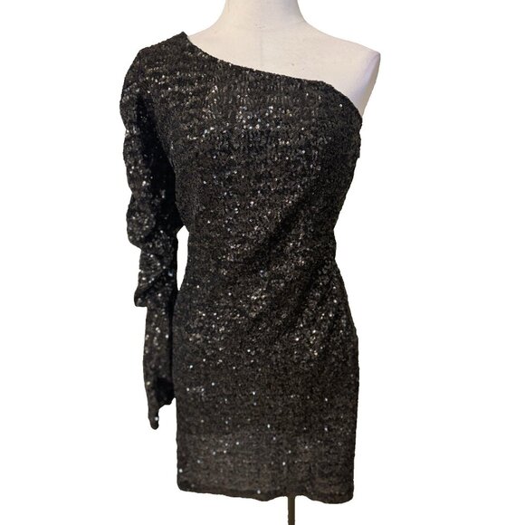 Spring + Mercer Dress L Black Sequin One Long Sleeve Party Wedding Cruise NEW - Picture 1 of 9